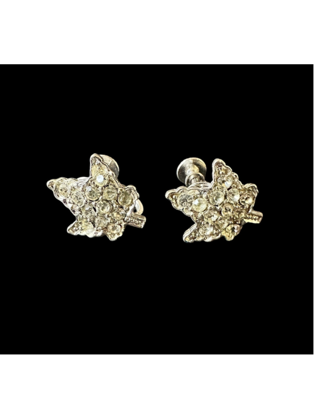 Vintage Signed Coro Maple Screw-Back Earrings Rhinestones Silver-Tone Leaf USA